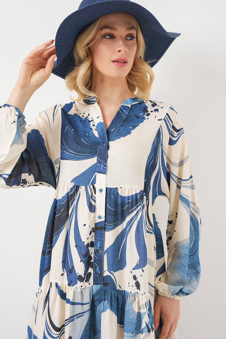 BGD Women Woman Patterned Long Hijab Dress 2585 - Navy Blue - Mitcham
