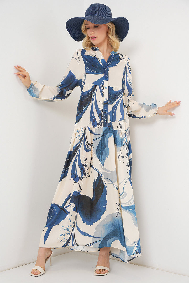 BGD Women Woman Patterned Long Hijab Dress 2585 - Navy Blue - Mitcham