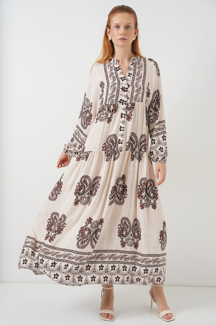 BGD Women Woman Patterned Long Hijab Dress 2585 - M. Brown - Novovolynsk