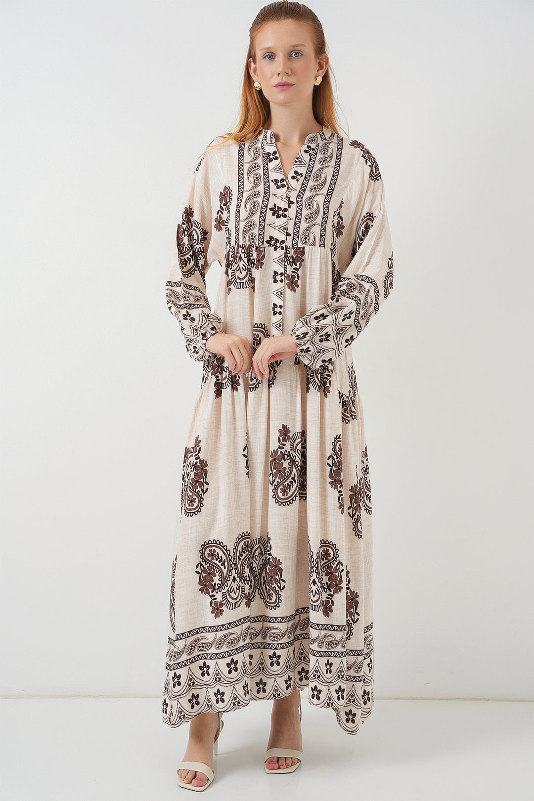 BGD Women Woman Patterned Long Hijab Dress 2585 - M. Brown - Novovolynsk