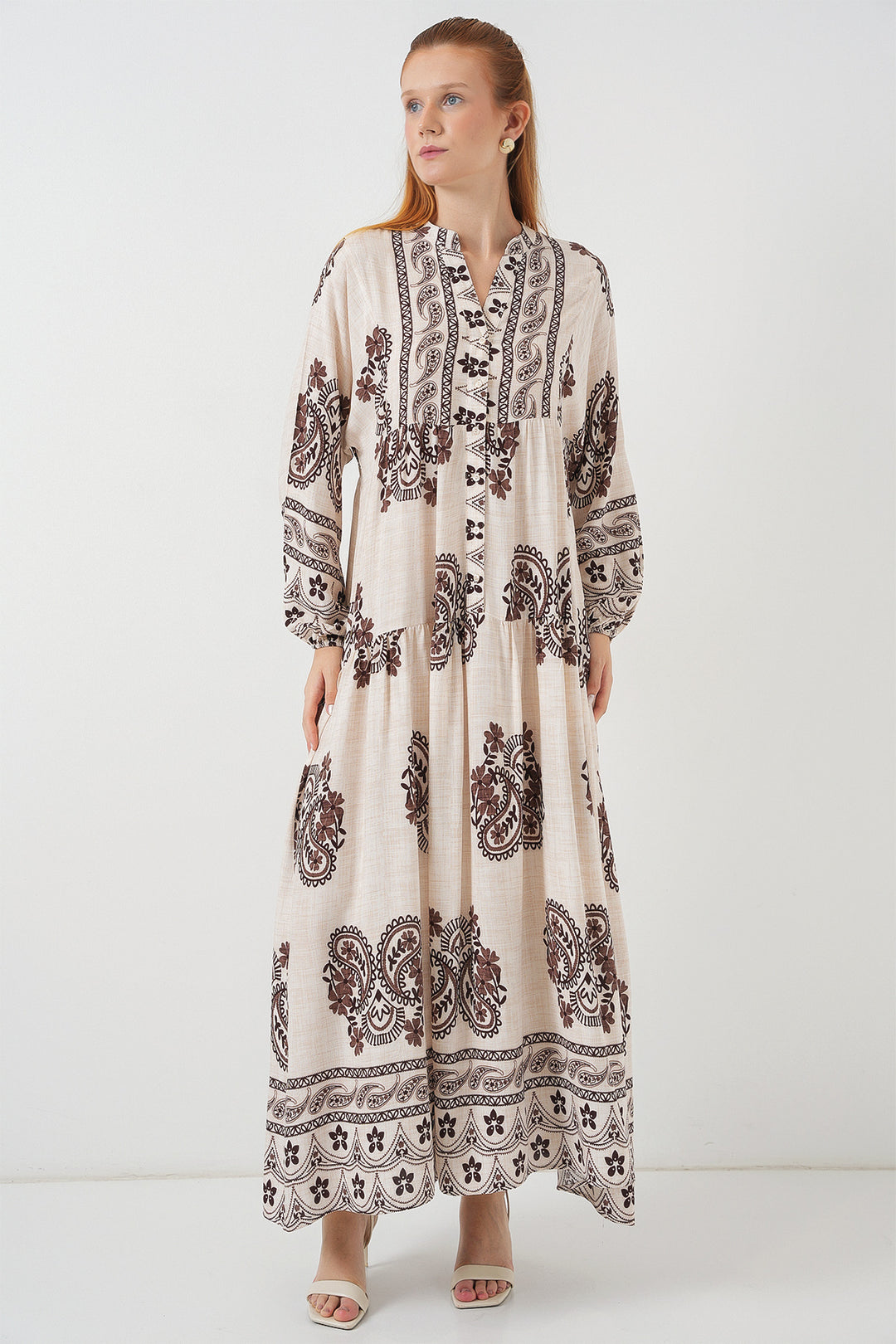 BGD Women Woman Patterned Long Hijab Dress 2585 - M. Brown - Novovolynsk