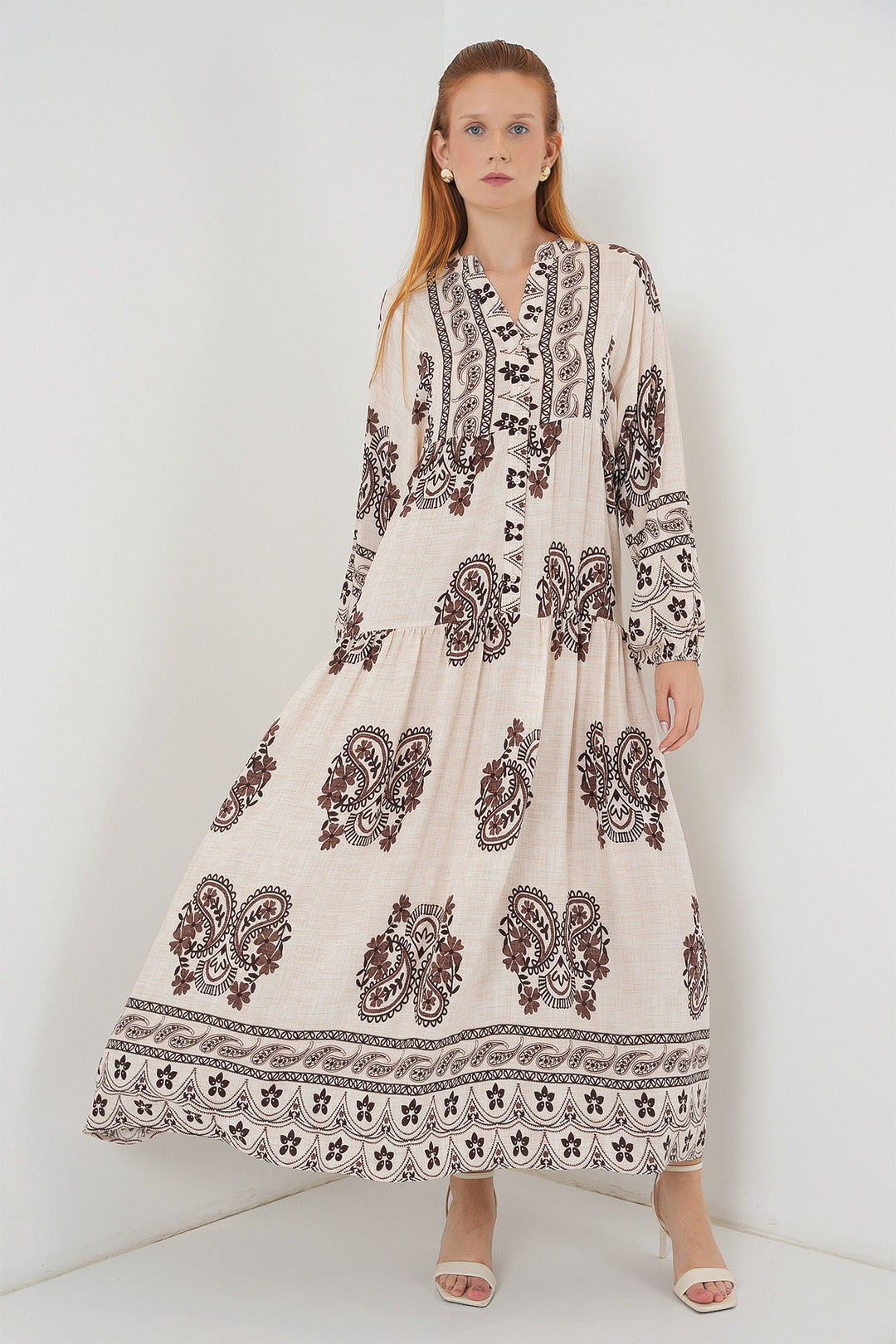 BGD Women Woman Patterned Long Hijab Dress 2585 - M. Brown - Novovolynsk