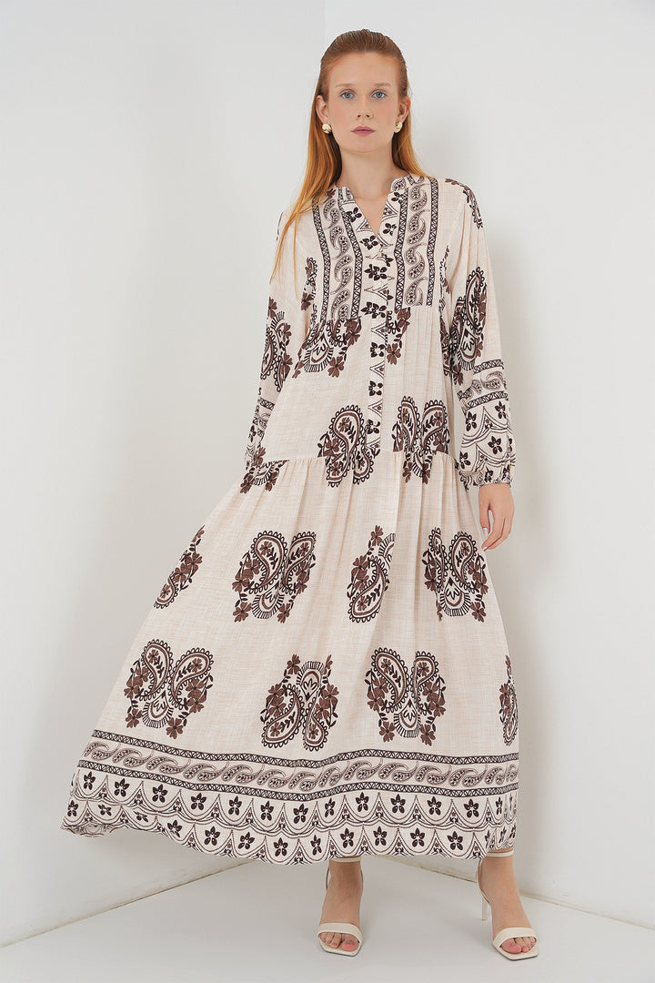 BGD Women Woman Patterned Long Hijab Dress 2585 - M. Brown - Novovolynsk