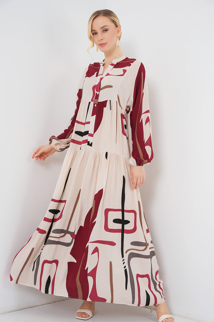 BGD Women Woman Patterned Long Hijab Dress 2585 - M. Cream - Green Bay