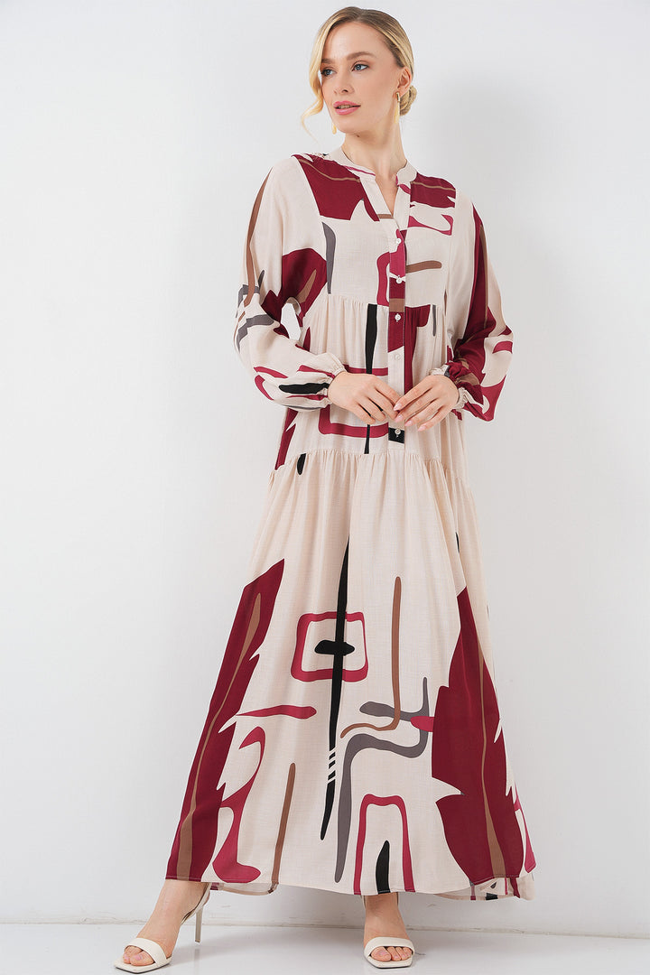 BGD Women Woman Patterned Long Hijab Dress 2585 - M. Cream - Green Bay
