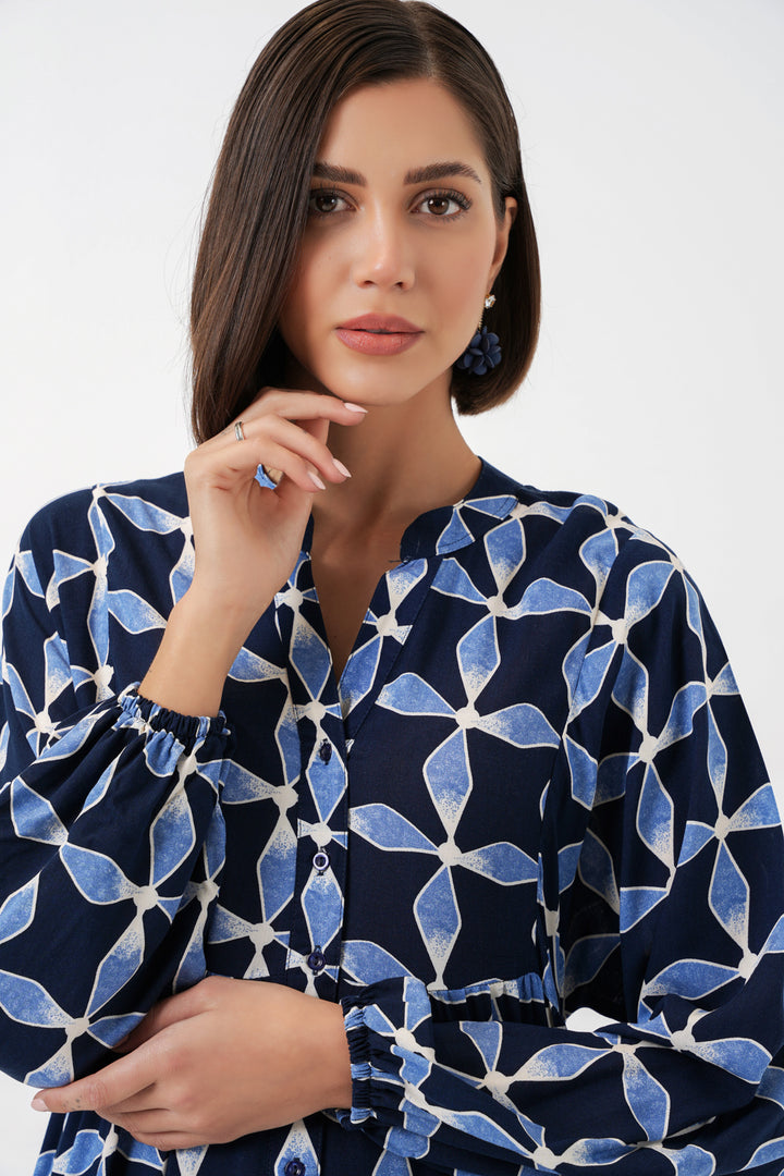 BGD Women Kadın Desenli Uzun Tesettür Elbise 2585 - M. Lacivert - Miami Beach