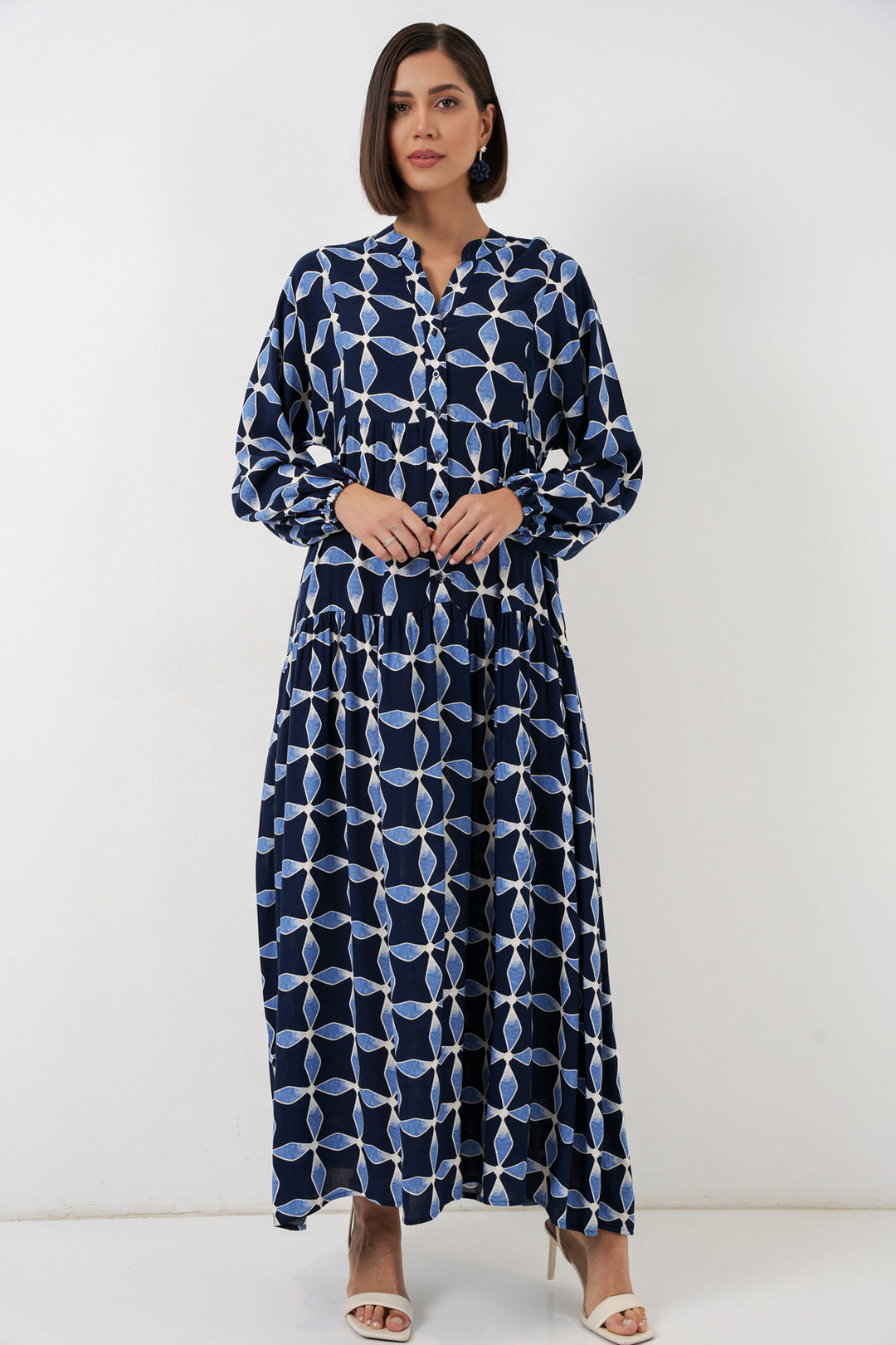 BGD Women Kadın Desenli Uzun Tesettür Elbise 2585 - M. Lacivert - Miami Beach