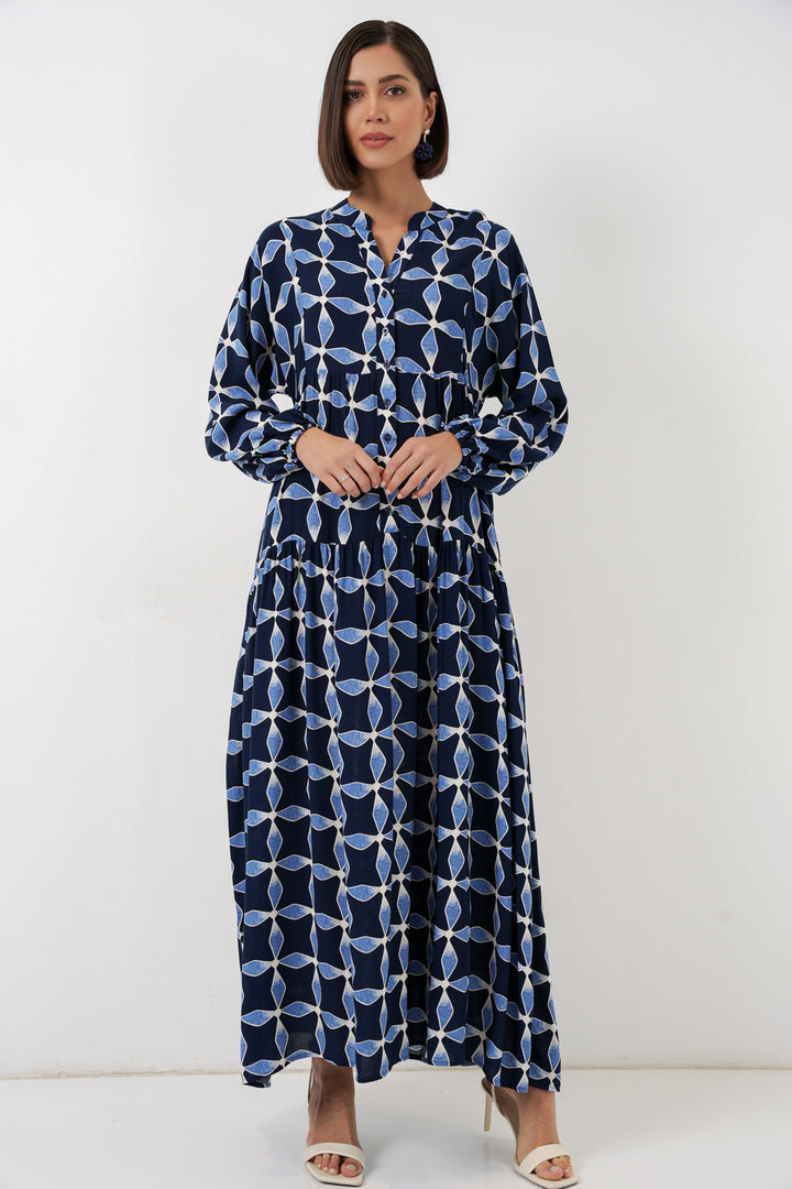 BGD Women Kadın Desenli Uzun Tesettür Elbise 2585 - M. Lacivert - Miami Beach