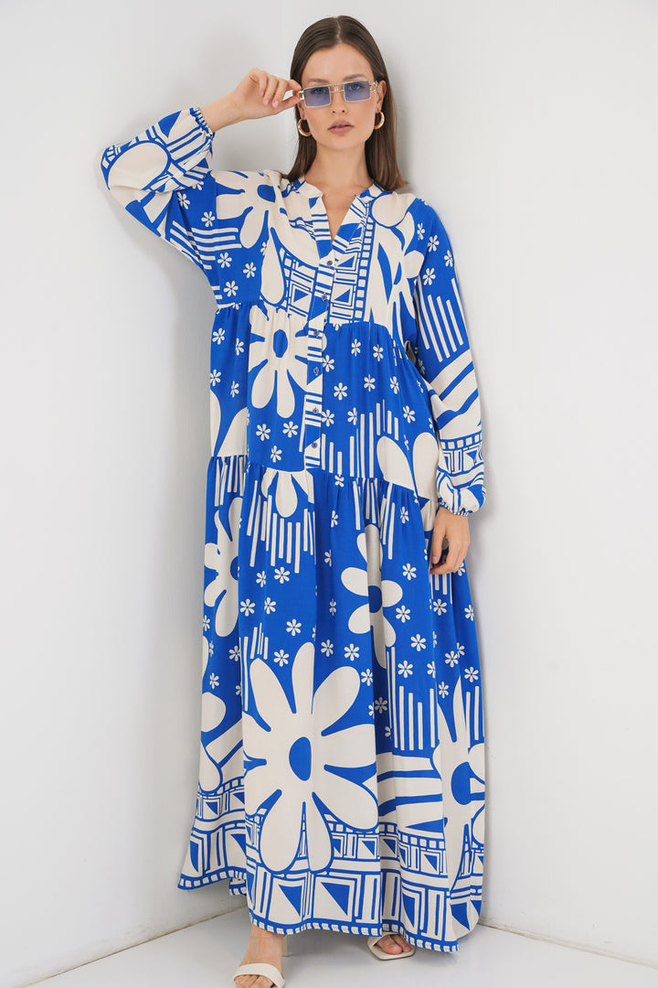 BGD Women Woman Patterned Long Hijab Dress 2585 - Blue - Shakhtarsk