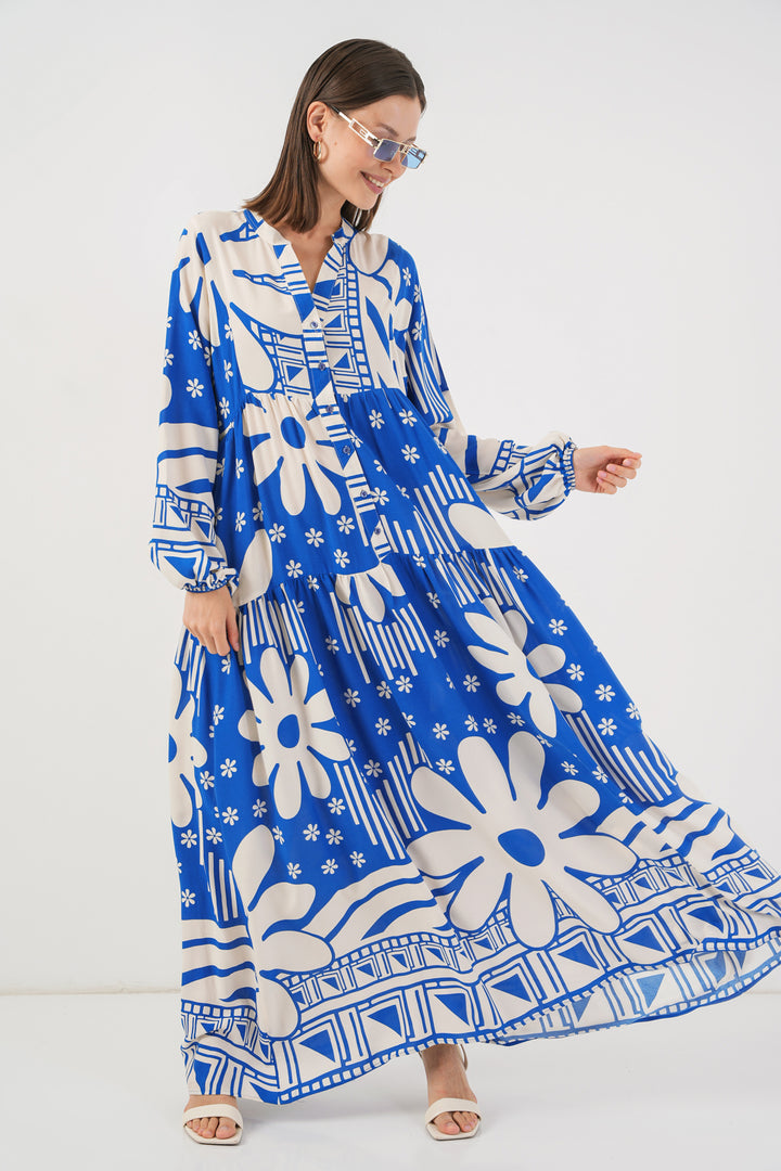 BGD Women Woman Patterned Long Hijab Dress 2585 - Blue - San Jose