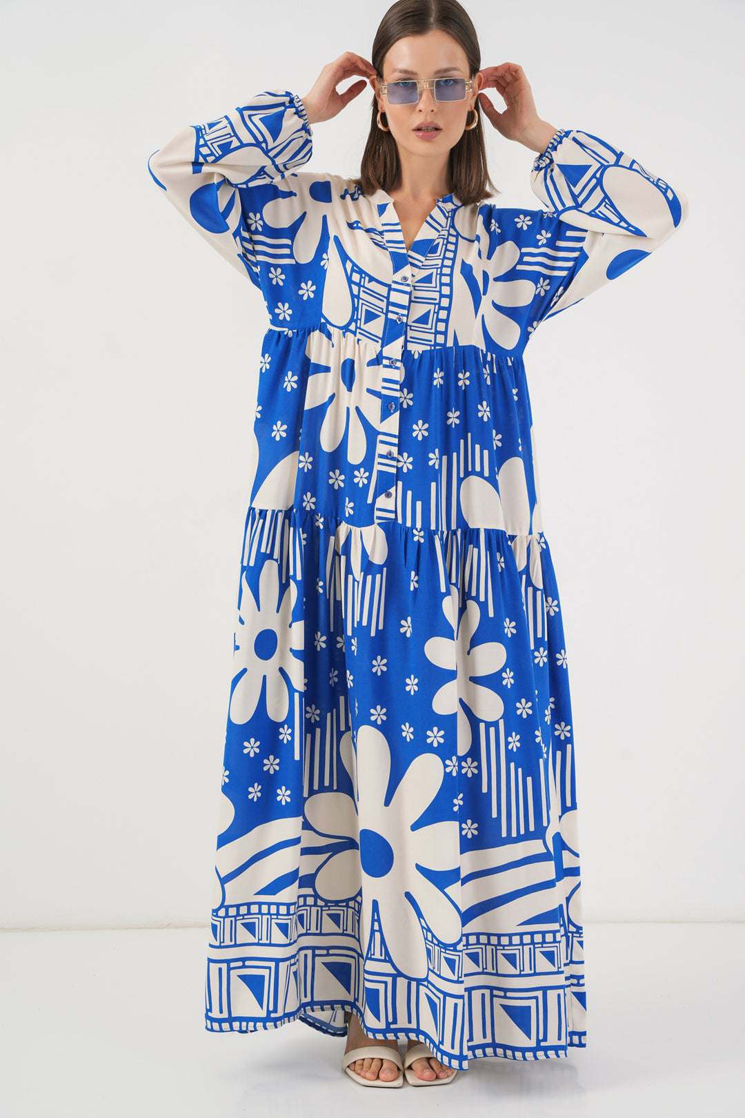 BGD Women Woman Patterned Long Hijab Dress 2585 - Blue - San Jose