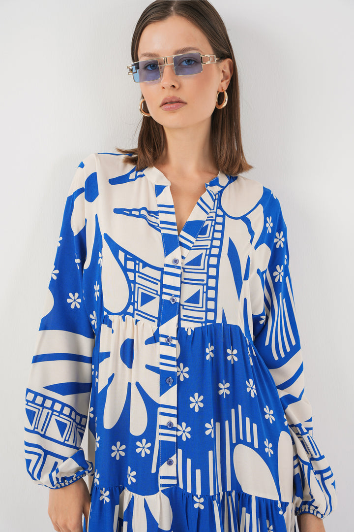 BGD Women Woman Patterned Long Hijab Dress 2585 - Blue - Shakhtarsk