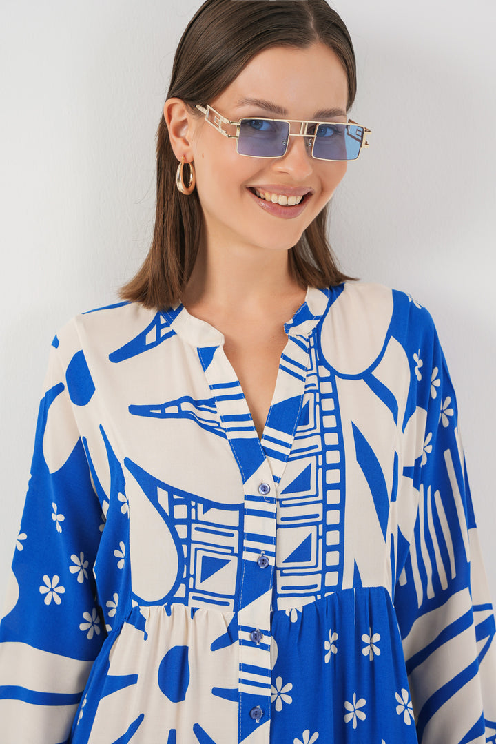 BGD Women Woman Patterned Long Hijab Dress 2585 - Blue - San Jose