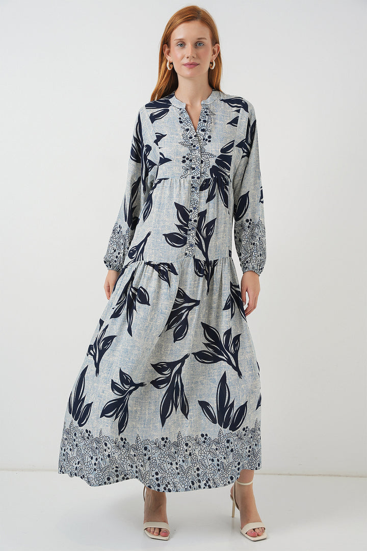 BGD Women Woman Patterned Long Hijab Dress 2585 - Blue - Navy Blue - Saguenay