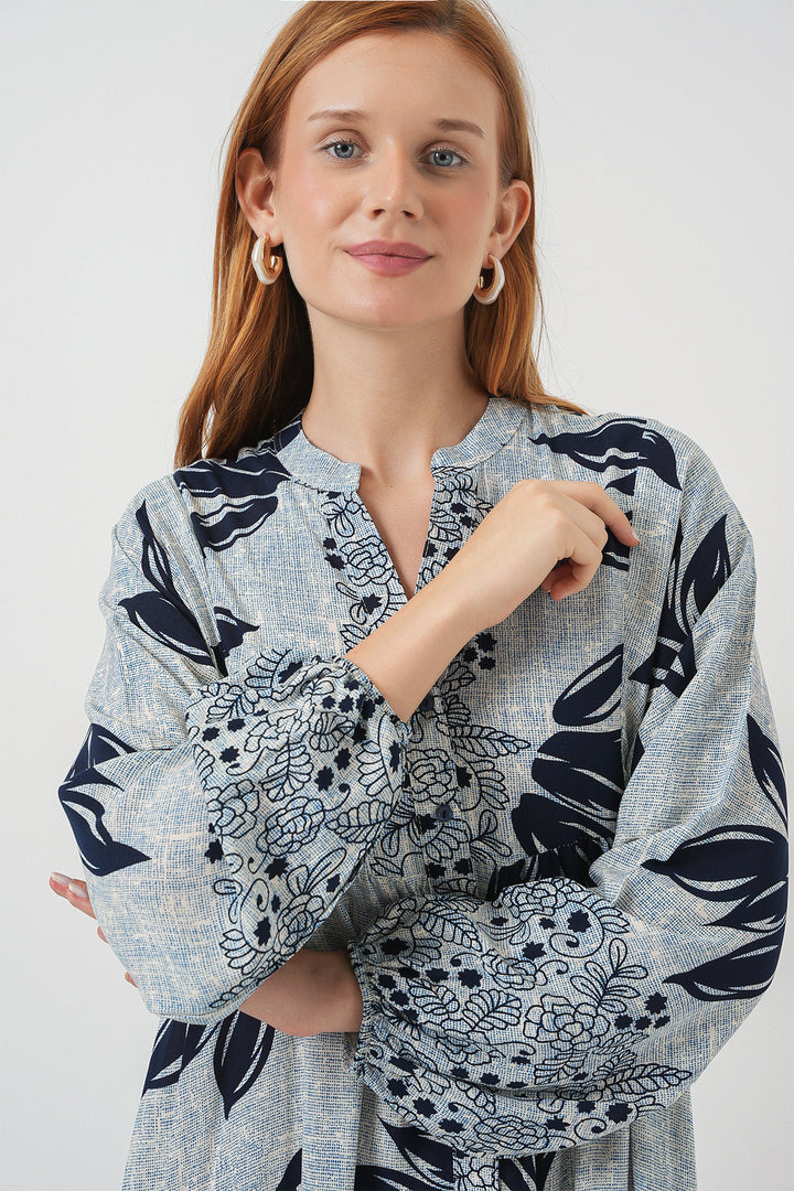 BGD Women Woman Patterned Long Hijab Dress 2585 - Blue - Navy Blue - Saguenay