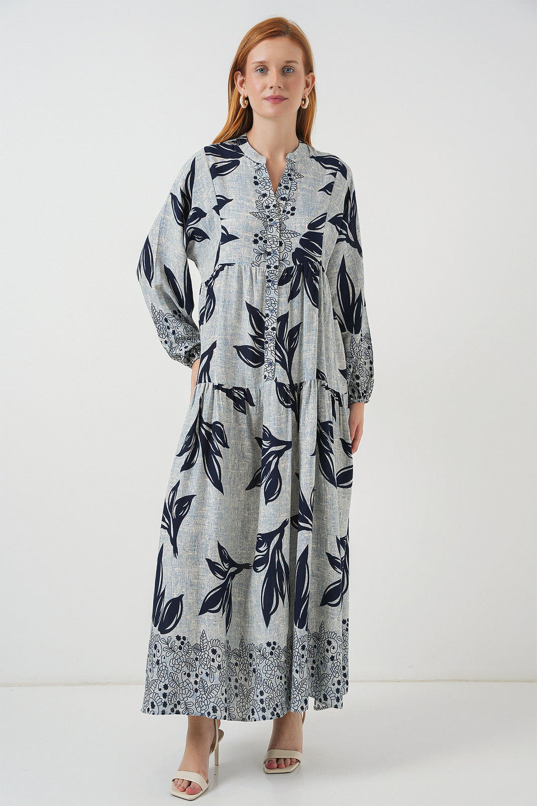 BGD Women Woman Patterned Long Hijab Dress 2585 - Blue - Navy Blue - Saguenay