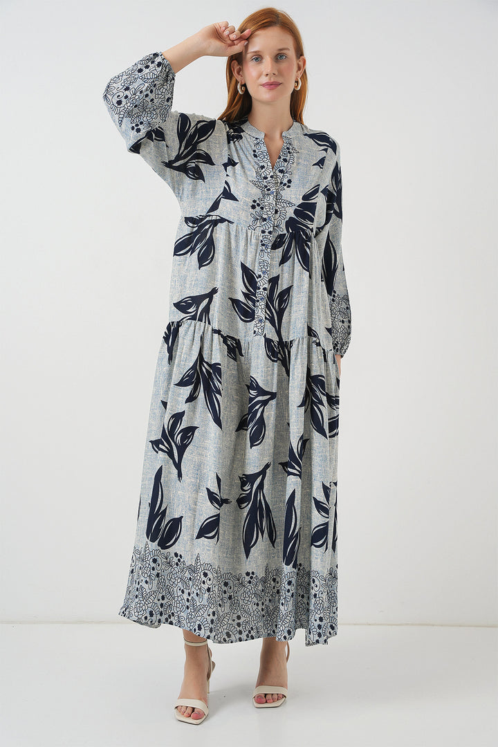 BGD Women Woman Patterned Long Hijab Dress 2585 - Blue - Navy Blue - Saguenay