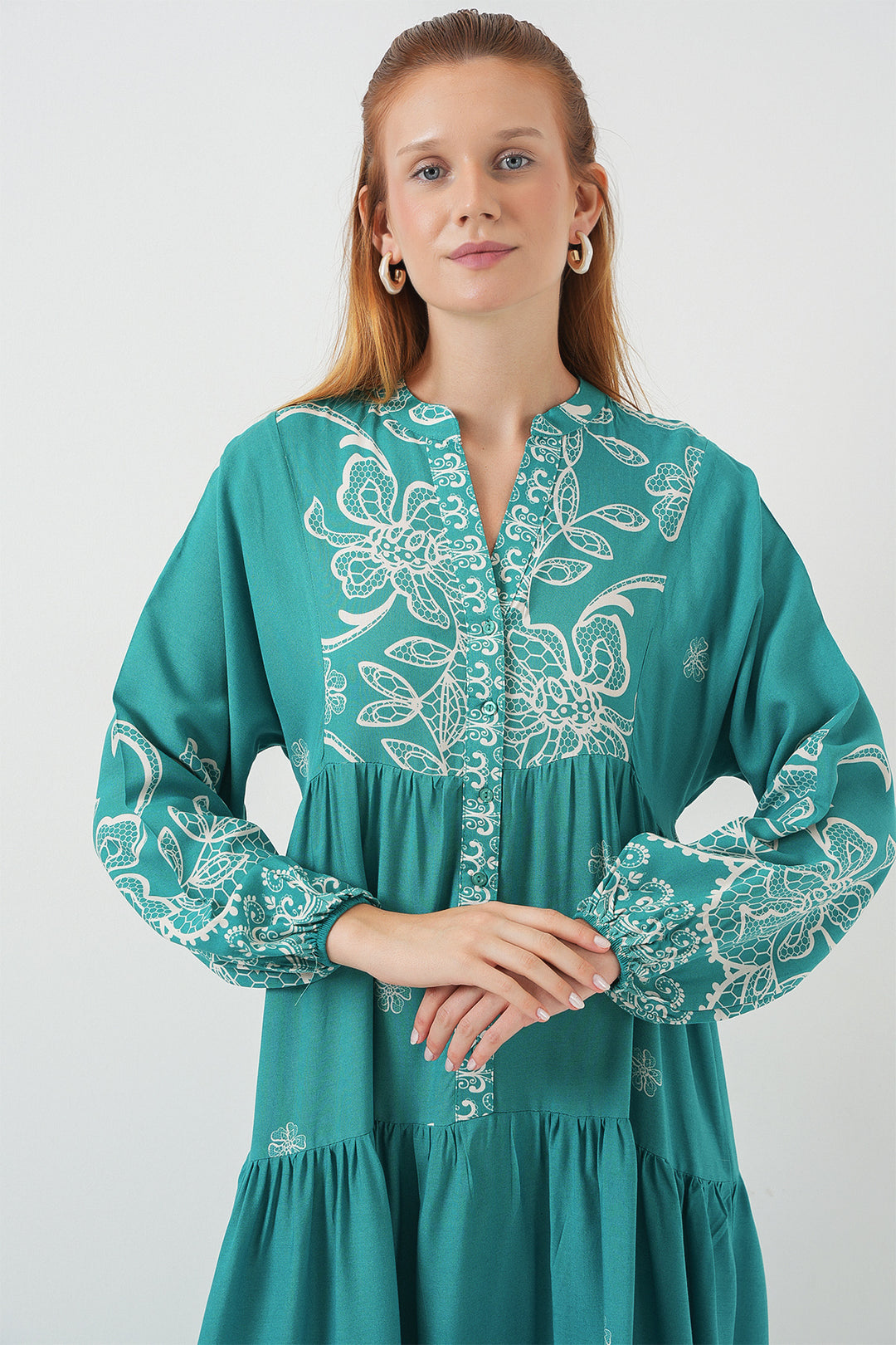 BGD Women Woman Patterned Long Hijab Dress 2585 - Mint - Tamiami