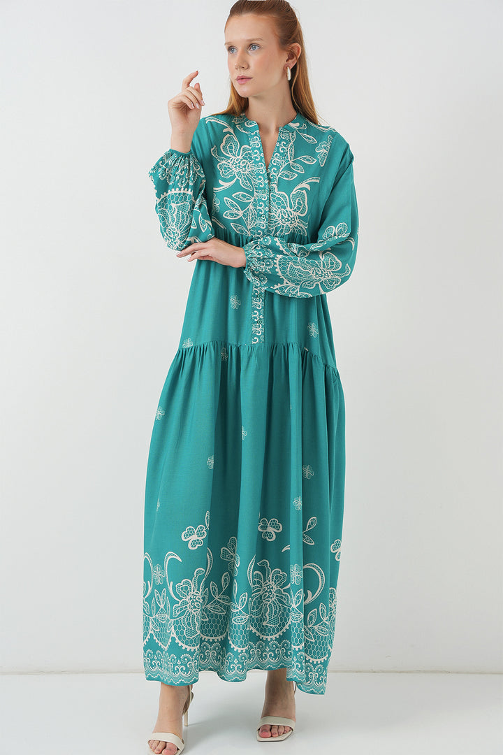 BGD Women Woman Patterned Long Hijab Dress 2585 - Mint - Tamiami