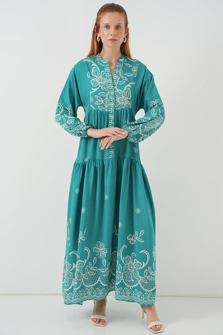 BGD Women Woman Patterned Long Hijab Dress 2585 - Mint - Tamiami