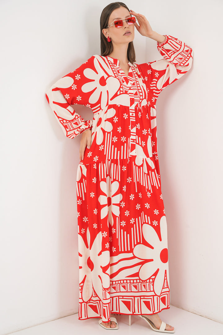 BGD Women Woman Patterned Long Hijab Dress 2585 - N. Red - Mason