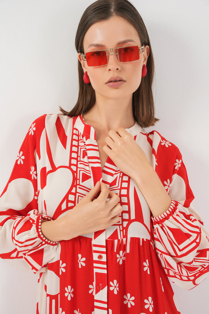 BGD Women Woman Patterned Long Hijab Dress 2585 - N. Red - Mason