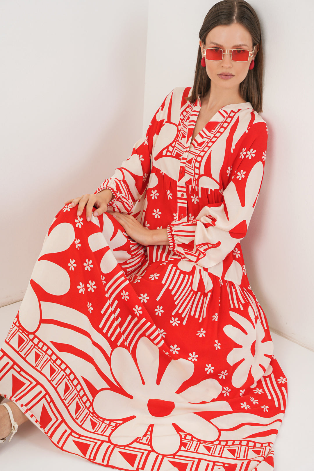 BGD Women Kadın Desenli Uzun Tesettür Elbise 2585 - N. Kırmızı - Manassas