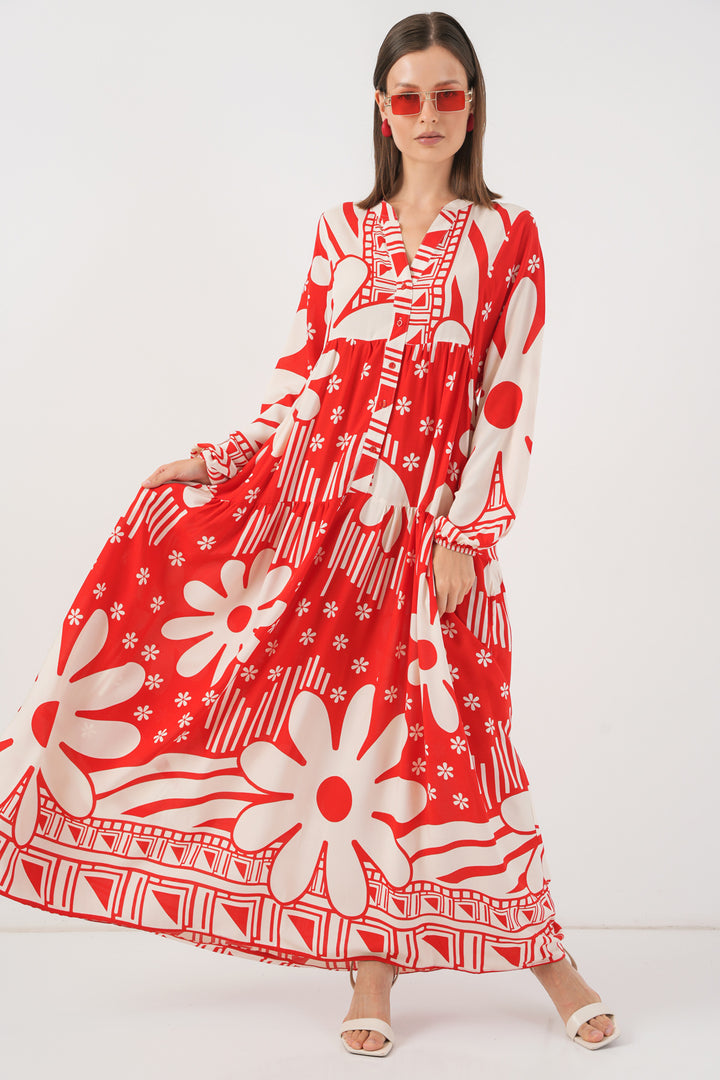 BGD Women Woman Patterned Long Hijab Dress 2585 - N. Red - Mason