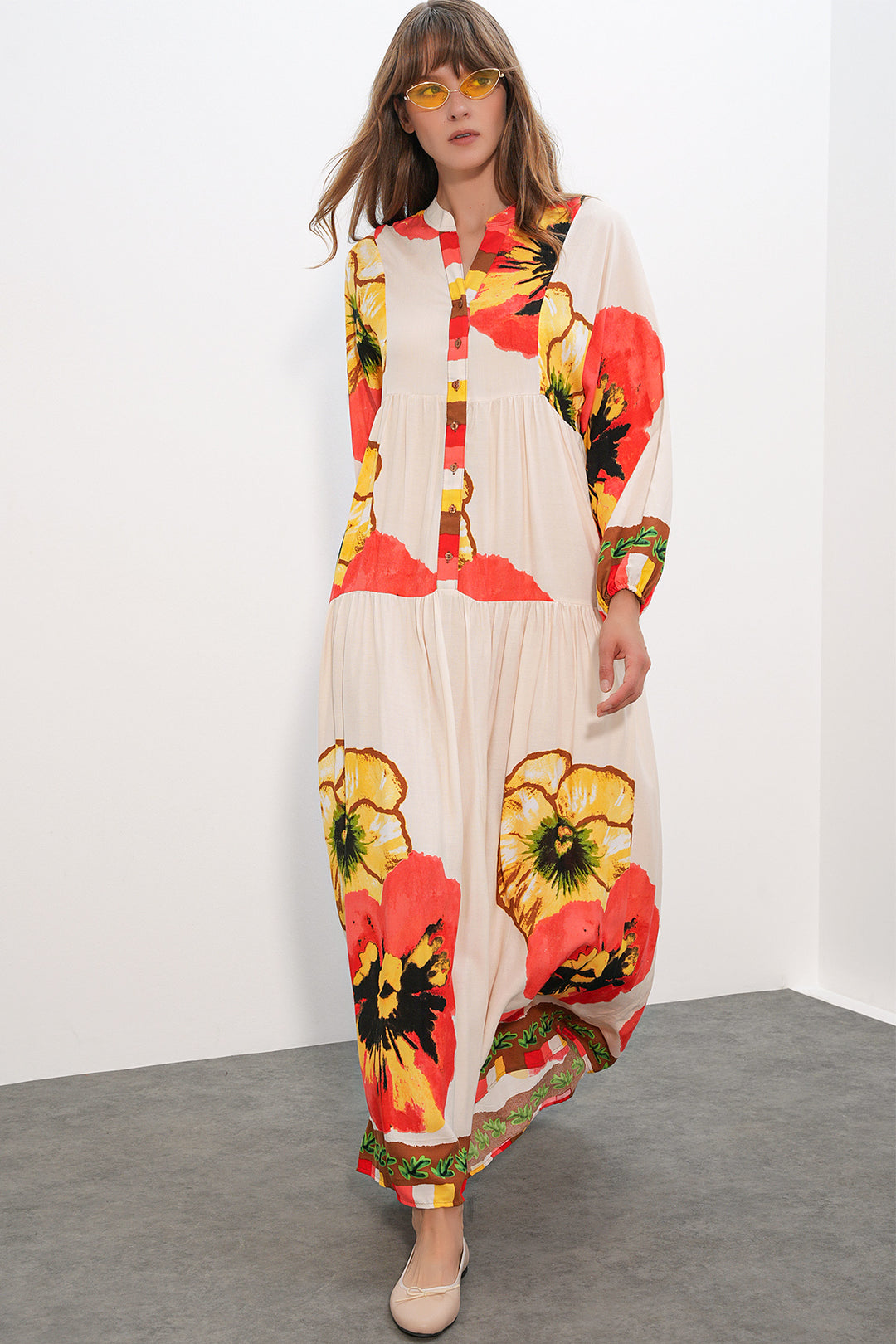 BGD Women Kadın Desenli Uzun Tesettür Elbise 2585 - Nar - Lucan