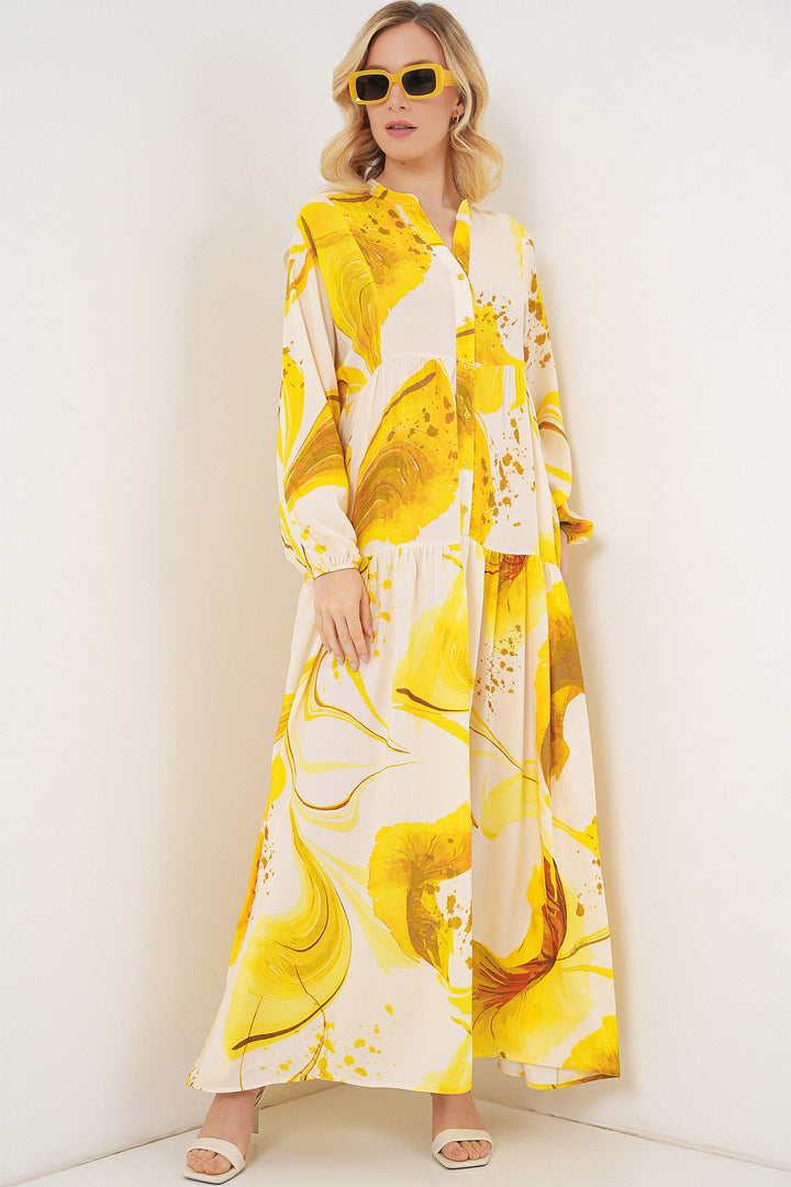 BGD Women Woman Patterned Long Hijab Dress 2585 - Yellow - Saskatoon