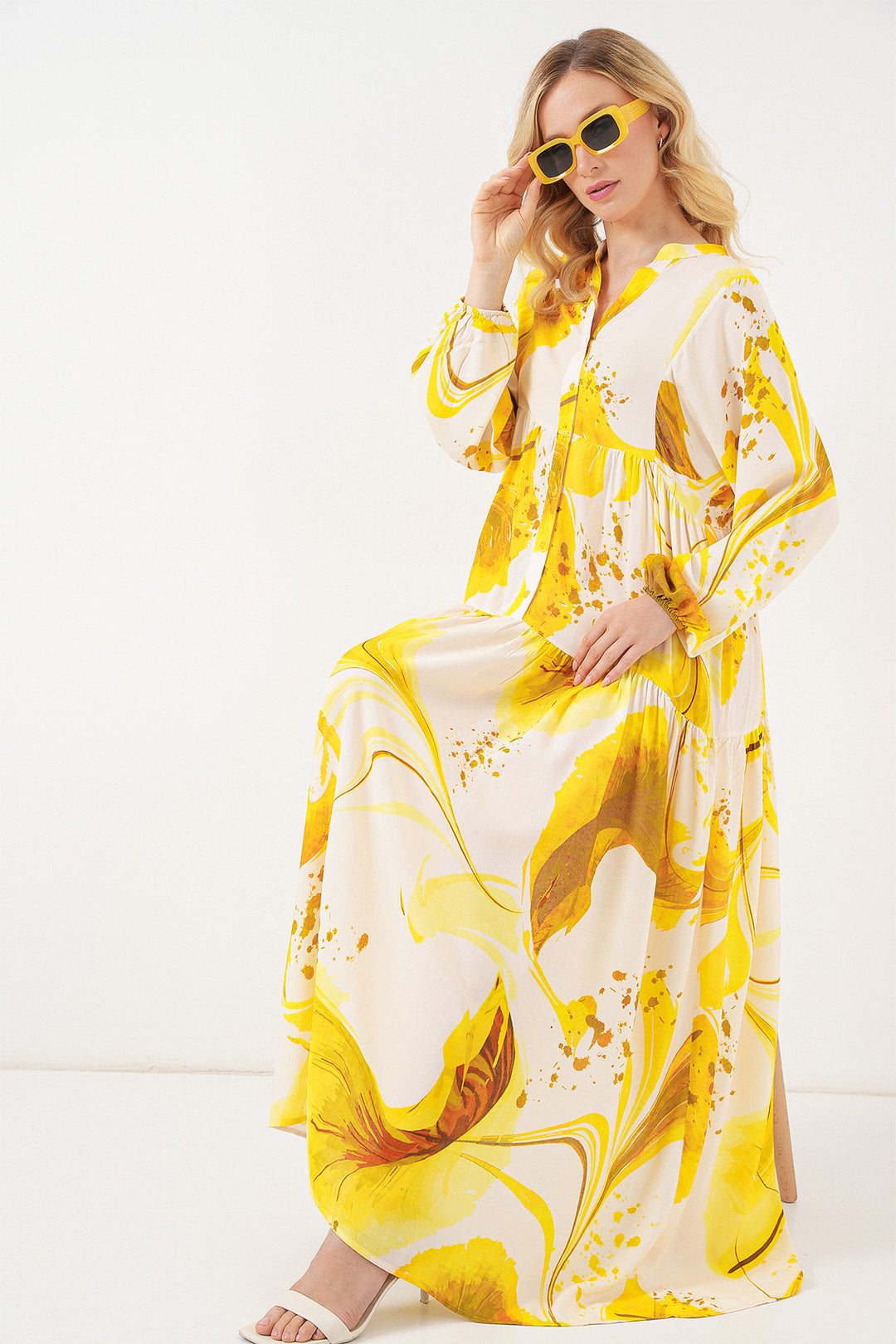 BGD Women Woman Patterned Long Hijab Dress 2585 - Yellow - Lincoln