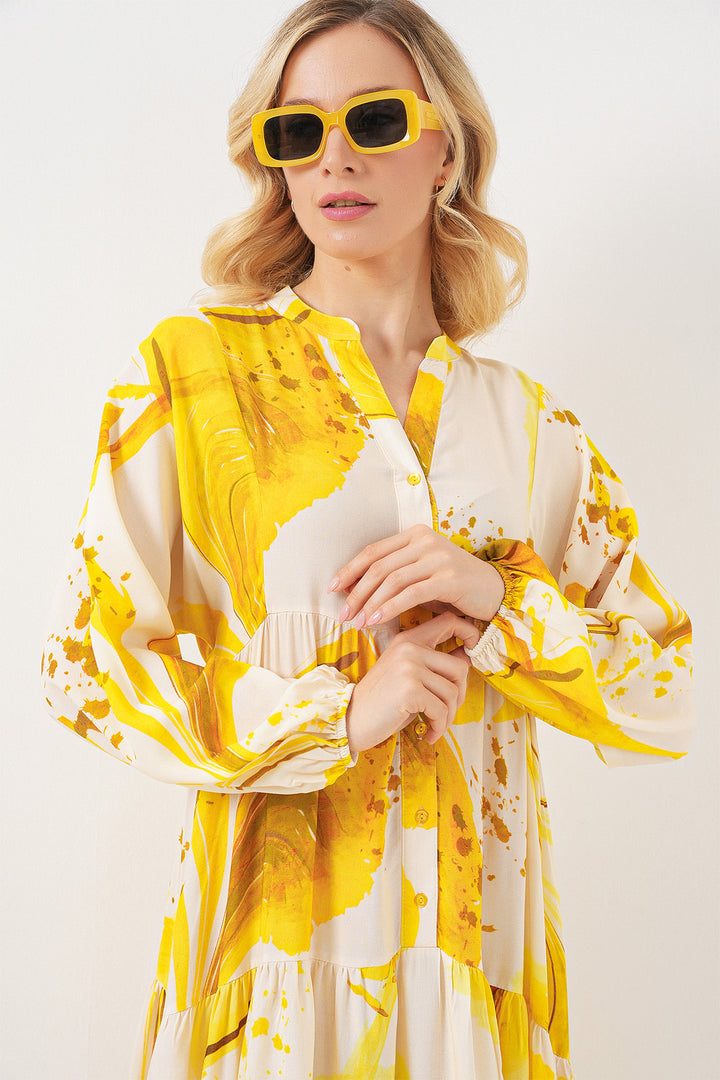 BGD Women Woman Patterned Long Hijab Dress 2585 - Yellow - Saskatoon