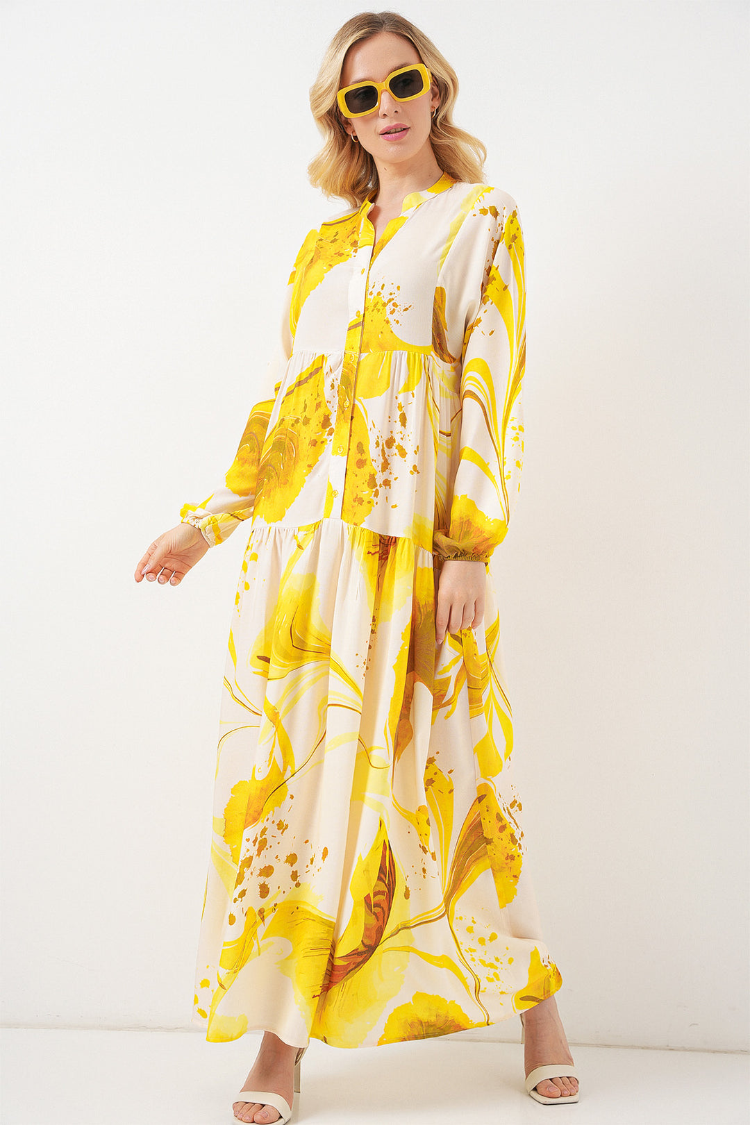 BGD Women Woman Patterned Long Hijab Dress 2585 - Yellow - Saskatoon