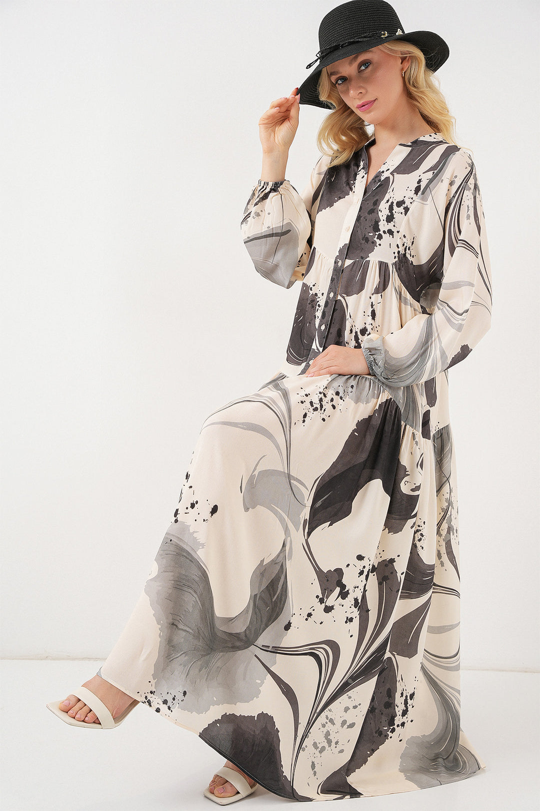 BGD Women Woman Patterned Long Hijab Dress 2585 - Black - Westland