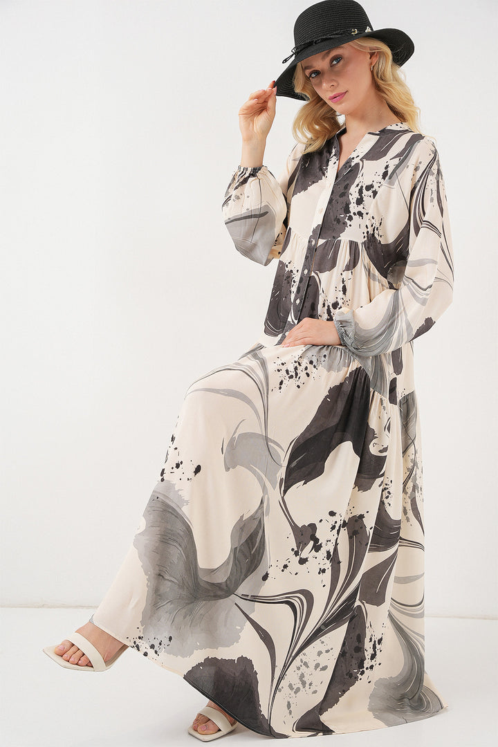 BGD Women Woman Patterned Long Hijab Dress 2585 - Black - Westland