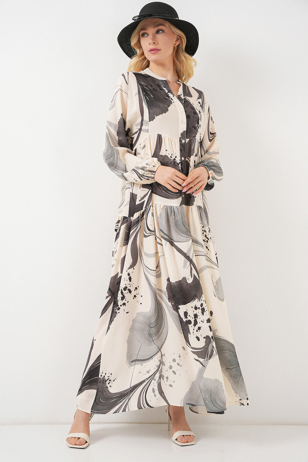 BGD Women Woman Patterned Long Hijab Dress 2585 - Black - Westland