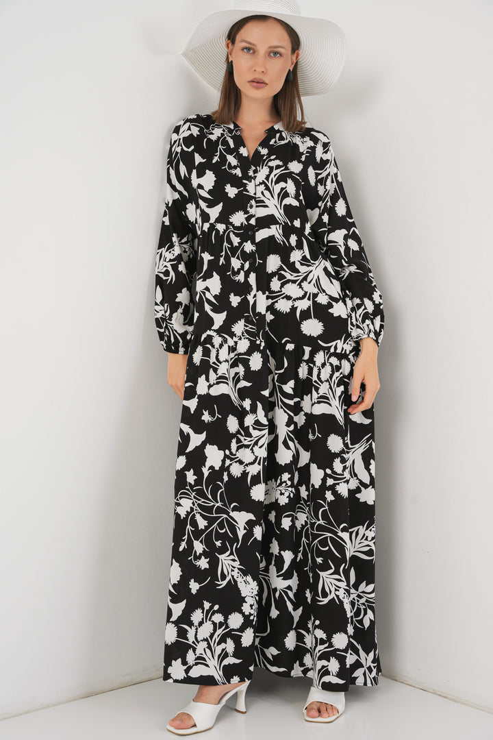 BGD Women Woman Patterned Long Hijab Dress 2585 - Black - White 1 - Arecibo