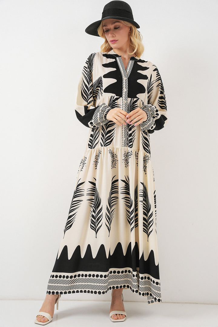 BGD Women Woman Patterned Long Hijab Dress 2585 - Black - White - Wheaton