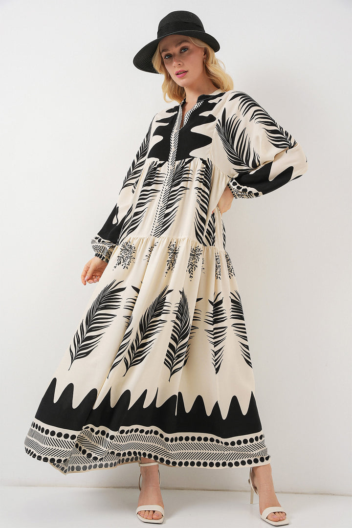 BGD Women Woman Patterned Long Hijab Dress 2585 - Black - White - Wheaton