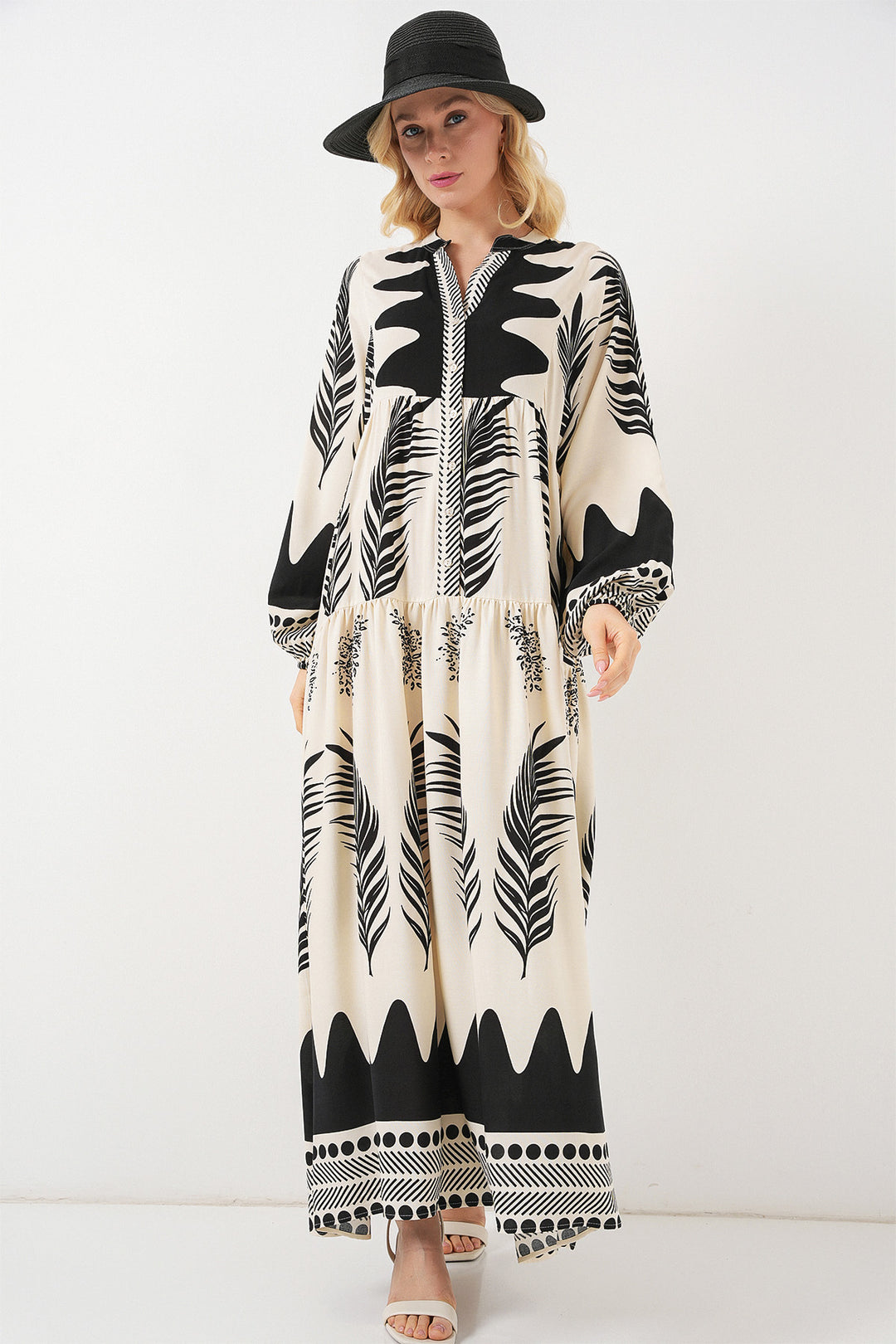 BGD Women Woman Patterned Long Hijab Dress 2585 - Black - White - Wheaton