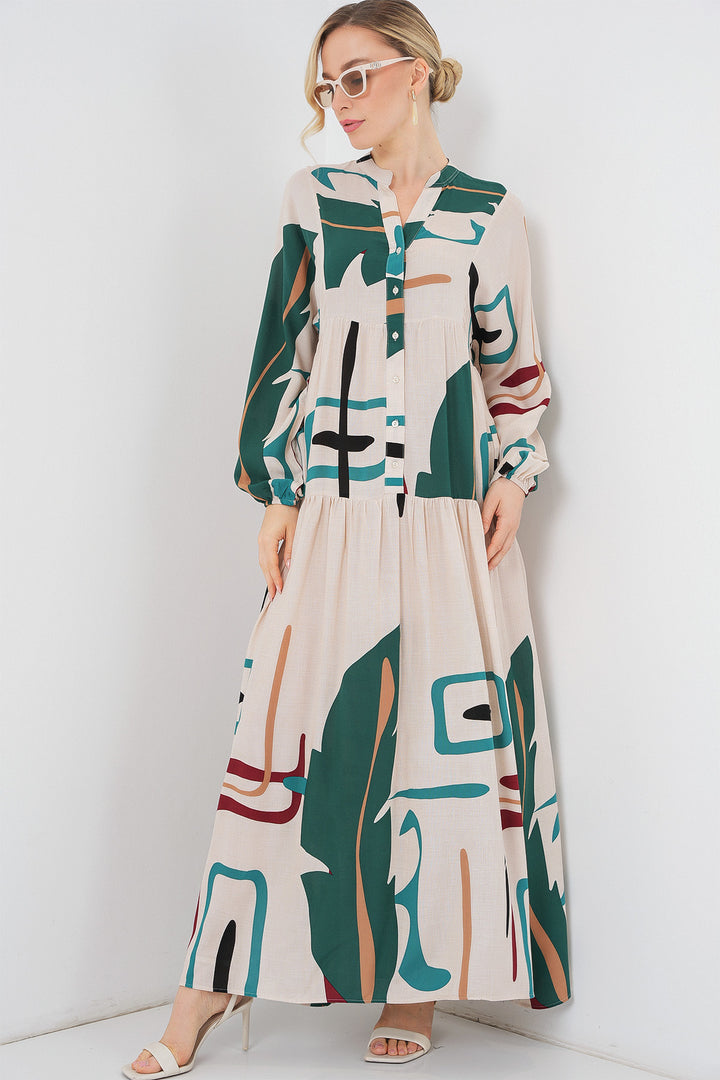 BGD Women Woman Patterned Long Hijab Dress 2585 - Black - Cream - Little Rock