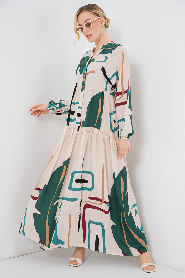 BGD Women Woman Patterned Long Hijab Dress 2585 - Black - Cream - Little Rock