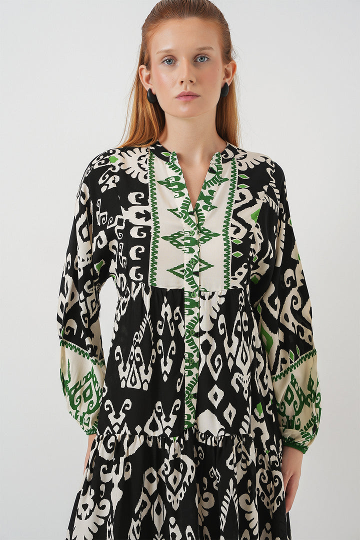 BGD Women Woman Patterned Long Hijab Dress 2585 - Black - Green - Maple Ridge