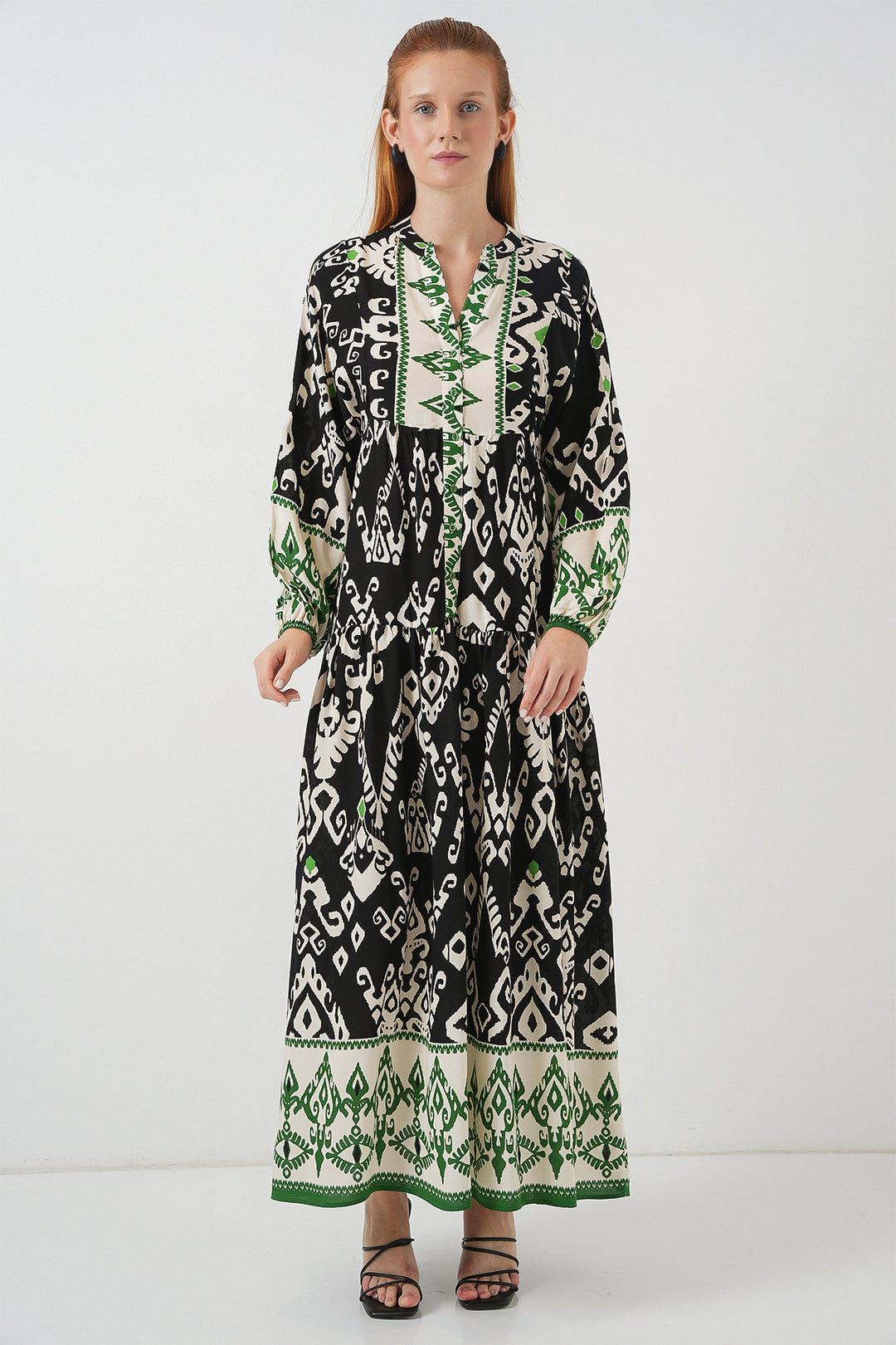 BGD Women Woman Patterned Long Hijab Dress 2585 - Black - Green - Maple Ridge