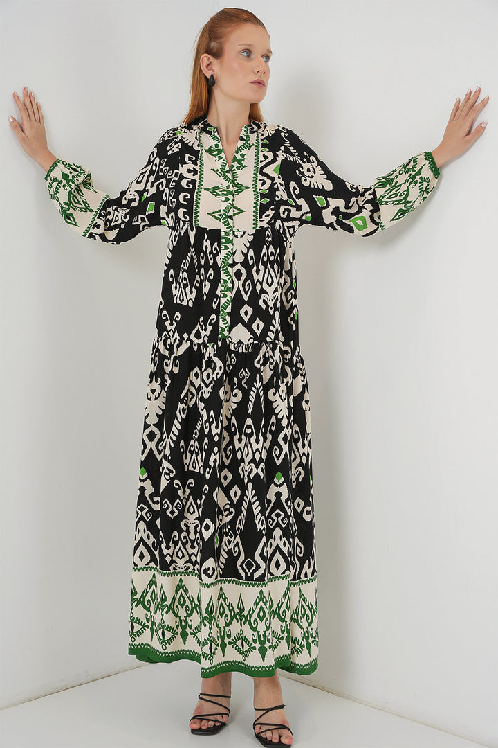 BGD Women Woman Patterned Long Hijab Dress 2585 - Black - Green - Maple Ridge