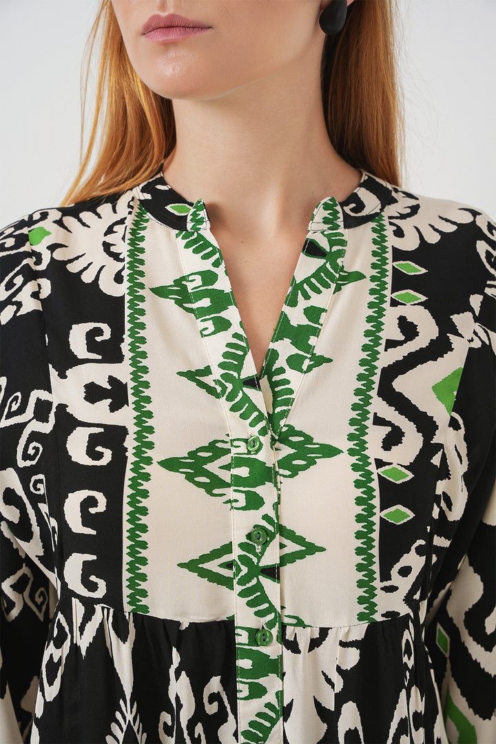 BGD Women Woman Patterned Long Hijab Dress 2585 - Black - Green - Maple Ridge