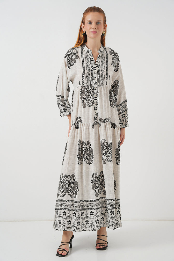 BGD Women Woman Patterned Long Hijab Dress 2585 - Stone - Ensenada