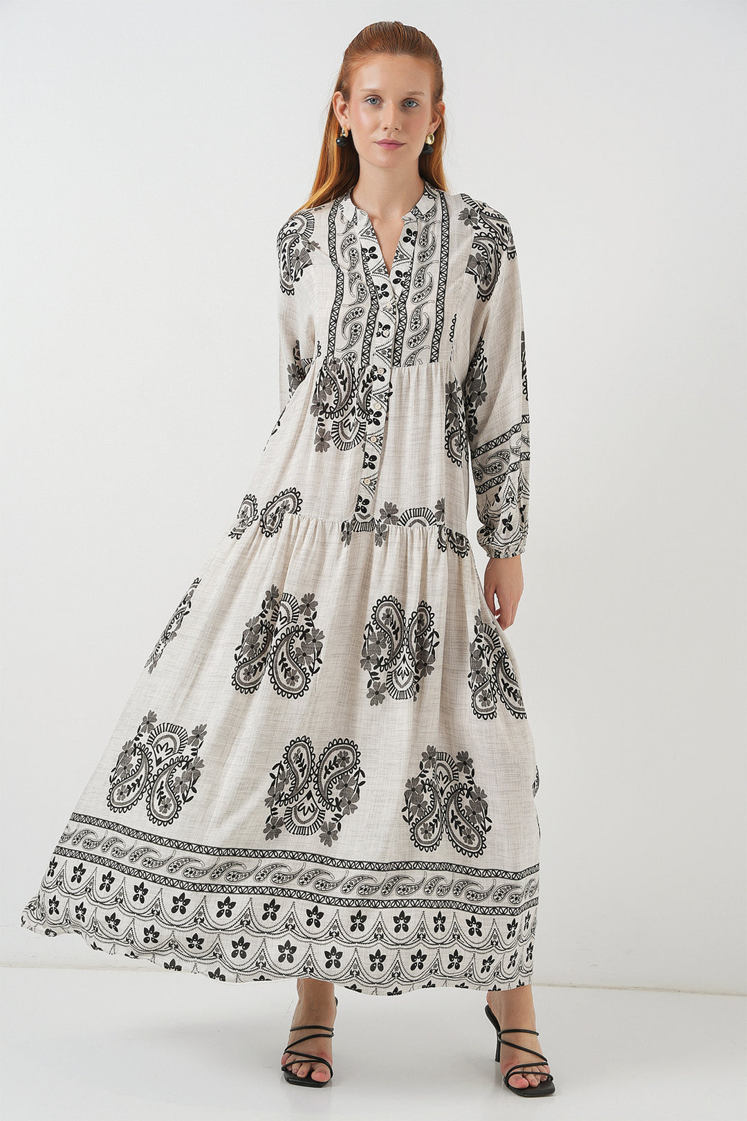 BGD Women Woman Patterned Long Hijab Dress 2585 - Stone - Ensenada