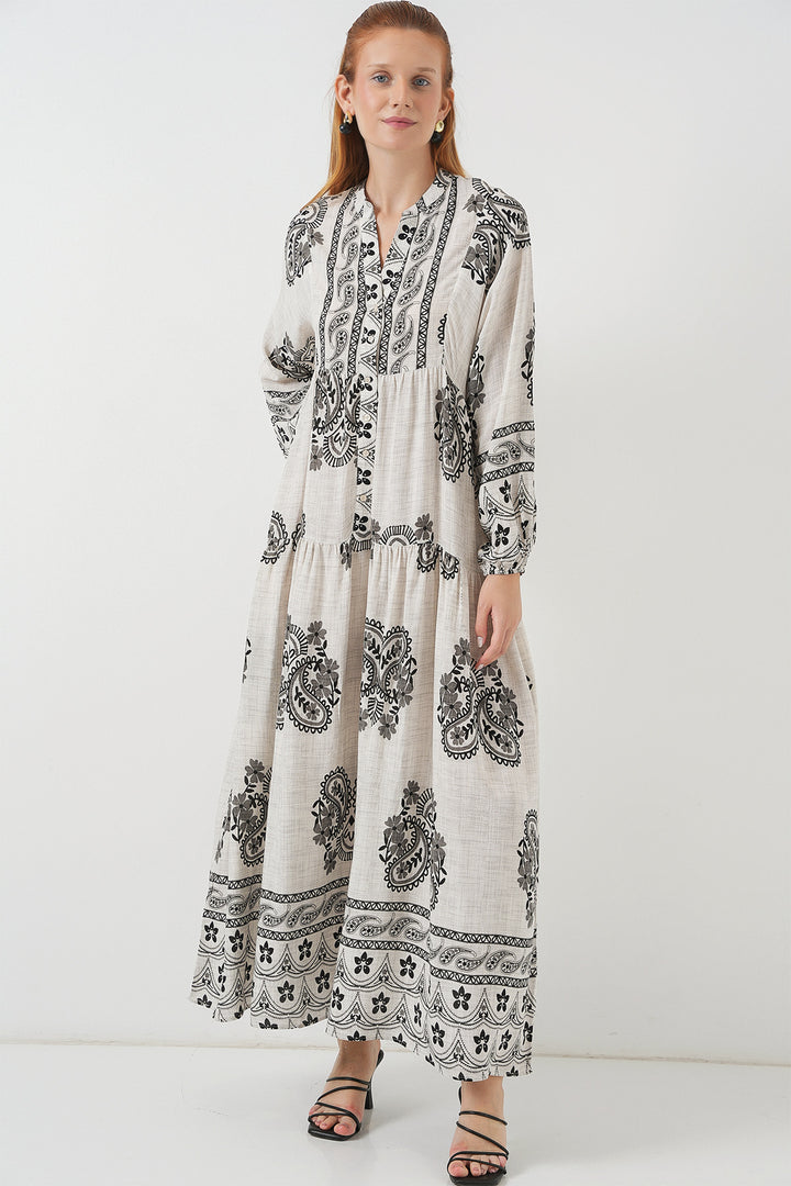 BGD Women Woman Patterned Long Hijab Dress 2585 - Stone - Ensenada