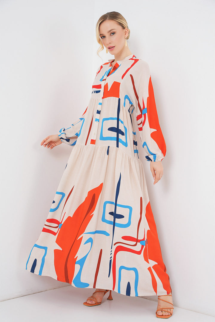 BGD Women Woman Patterned Long Hijab Dress 2585 - Orange - Novohrad-Volynskyi